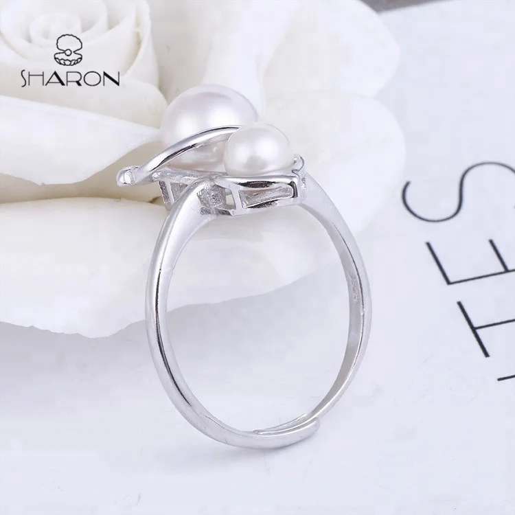 Hot Sale Jewelry Gourd Shaped Sterling Silver Adjustable Natural Freshwater 2 White Pearl Ring