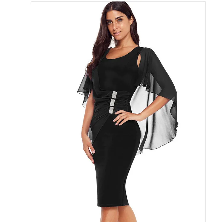 2023 U Neck Women Knee Length Dresses Gauze Mesh Elegant Cape Evening Dress