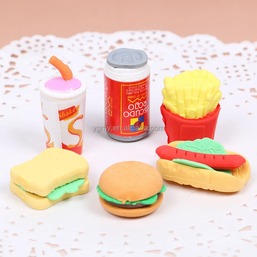 Cute Kawaii Hamburger Food Drink Cola Rubber Eraser Set School Office Erase Supplies Kids Gifts