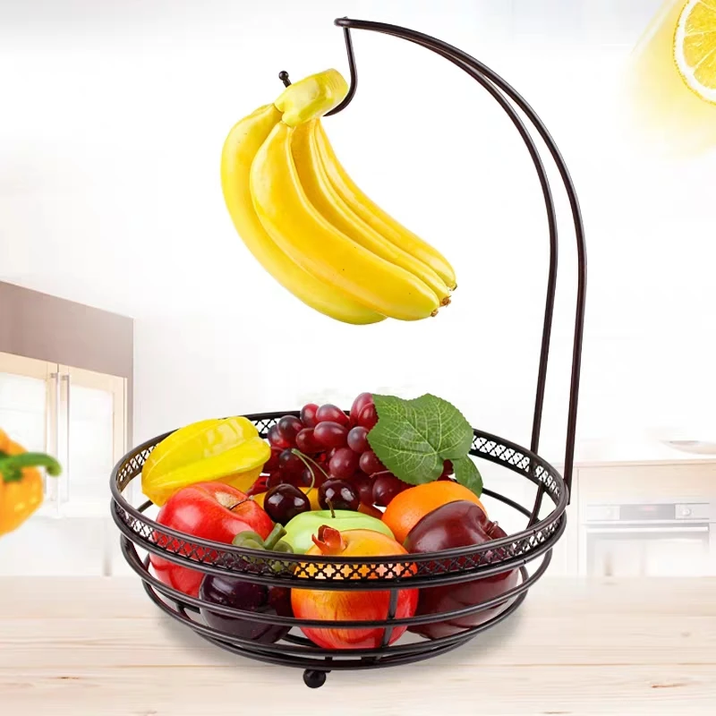 Gold Fruit Basket Bowl with Banana Tree Hanger Fruit Basket Drainer Rack Storage Fruit Basket