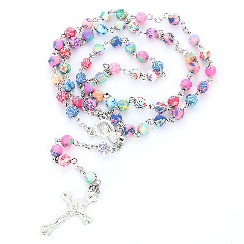 8mm Colorful Polymer Clay Bead Rosary Pendant Necklace Alloy Cross Virgin Mary Christian Catholic Religious Jewelry