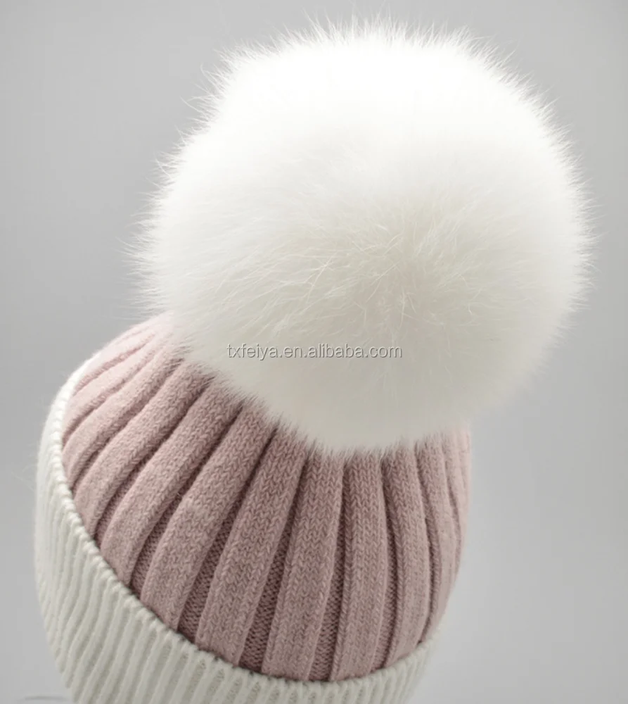 Wholesale Crochet Knitted Wool Beanie Hat with Fox Fur Pom Pom
