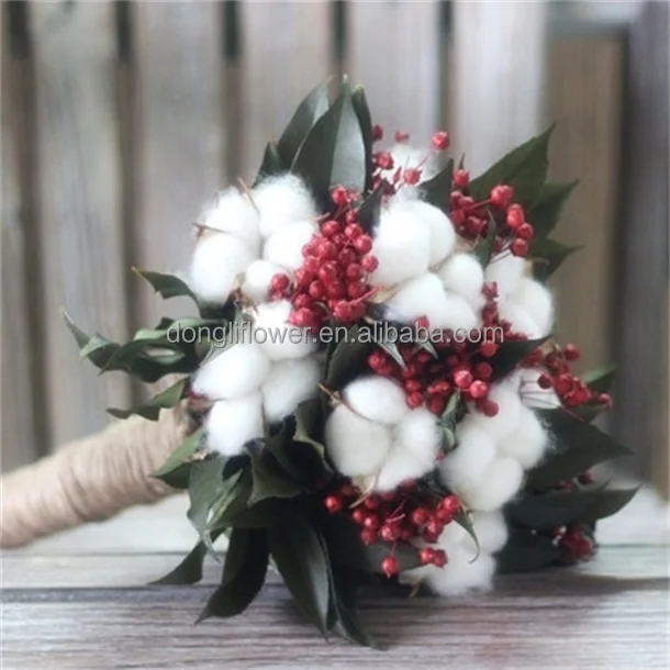 Dried Cotton Ball Natural Flax Red Bean and Preserved Gardenia Leaves Hand-hold Bridal Bouquets