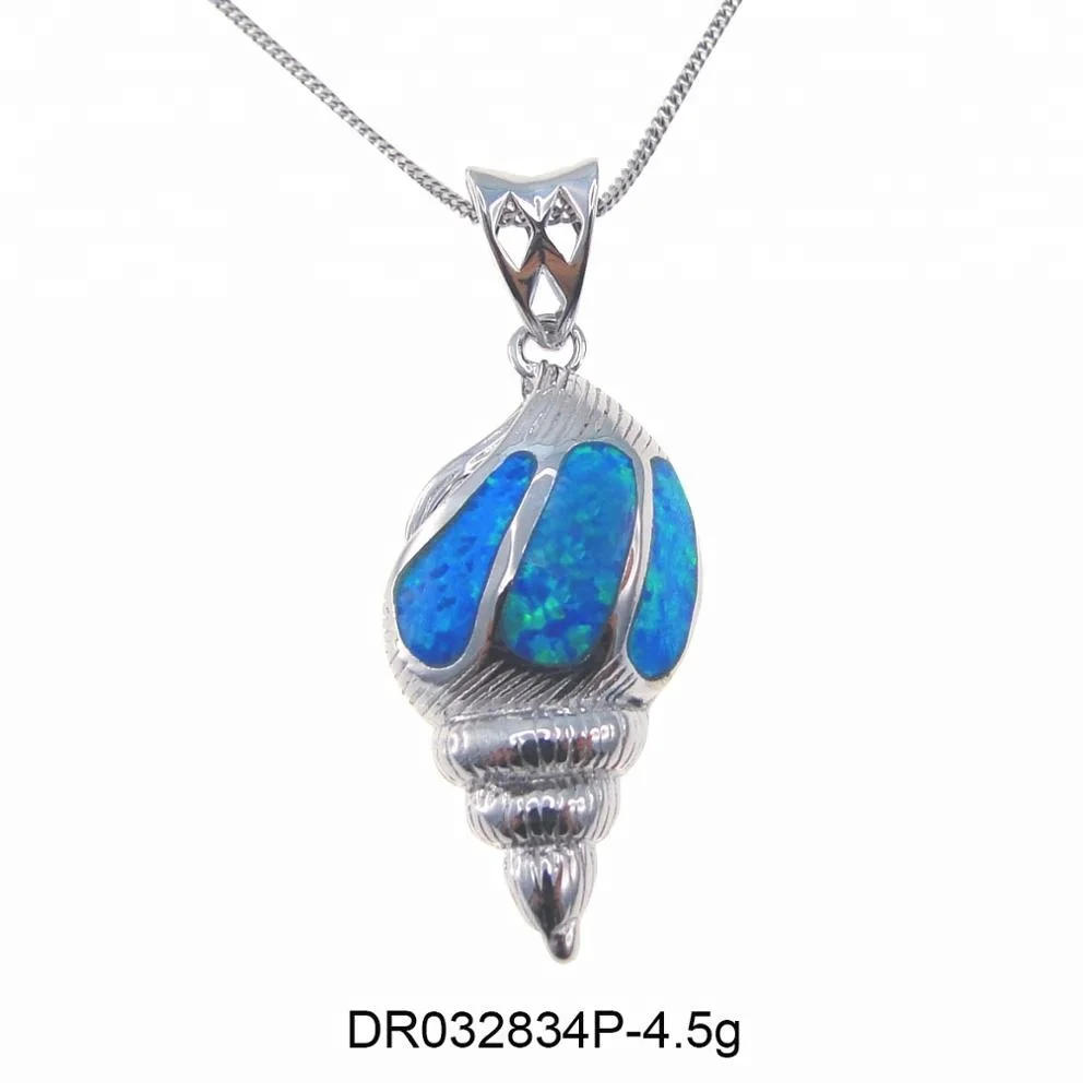 925 Sterling Silver Blue Fire Opal Conch Pendant Necklace