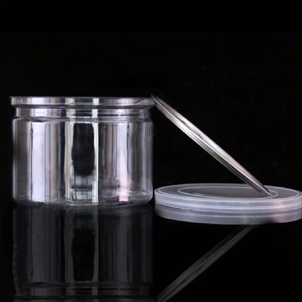 Factory price Eco-friendly food grade PET plastic unique candy food jars with aluminium lid