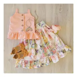 New Baby Girls summer floral outfit two pieces Set pink suspender top + flower Printed Pleated Skirts Kids holiday sets
