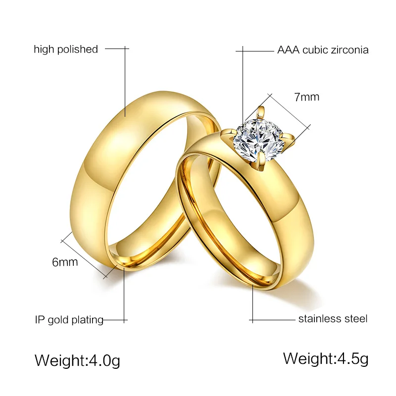 Classical Gold CZ Engagement Stainless Steel Couple Rings Jewelry