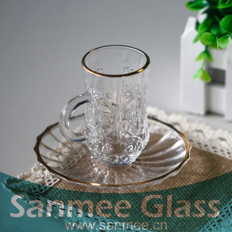 
Embossed Gold Edging Handle Glass Tea Cup With Saucer Wholesale 