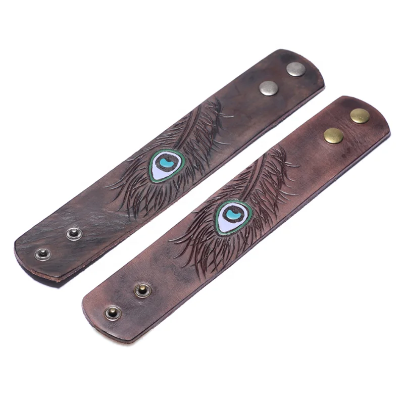 Vintage Adjustable Button Women Men Peacock Feather Printed Genuine Leather Cuff Bangles & Bracelets