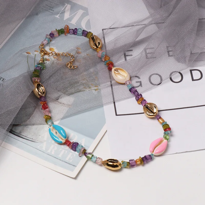 LM10 Balry Jewelry New arrival design colorful  beads shell necklace Irregular beaded stone shell pendant Necklace for Women