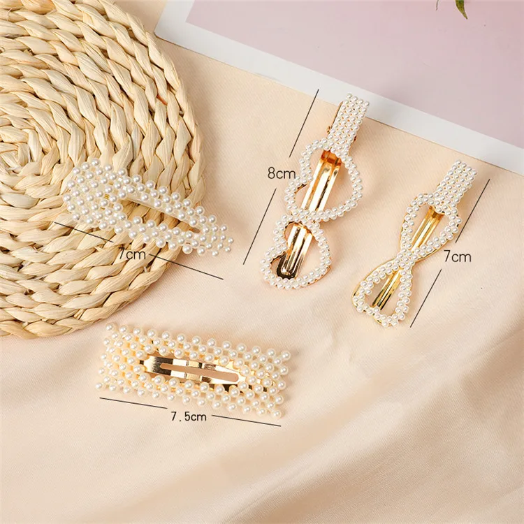 Korean Latest Women Kid Pearl Crystal Hairpin Metal Gold Snap Bow Hair Clips Extensions Bride Hair Accessories Jewelry