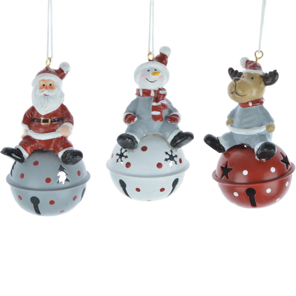 Wholesale Christmas return gifts resin santa claus snowman reindeer figurines hanging decorations with metal jingle bell ball