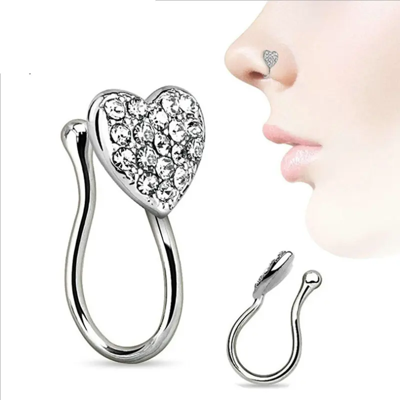 316L Stainless Steel Rhinestone Crystal Clip No Nose Heart Shape Ring Types Nose Piercing Jewelry