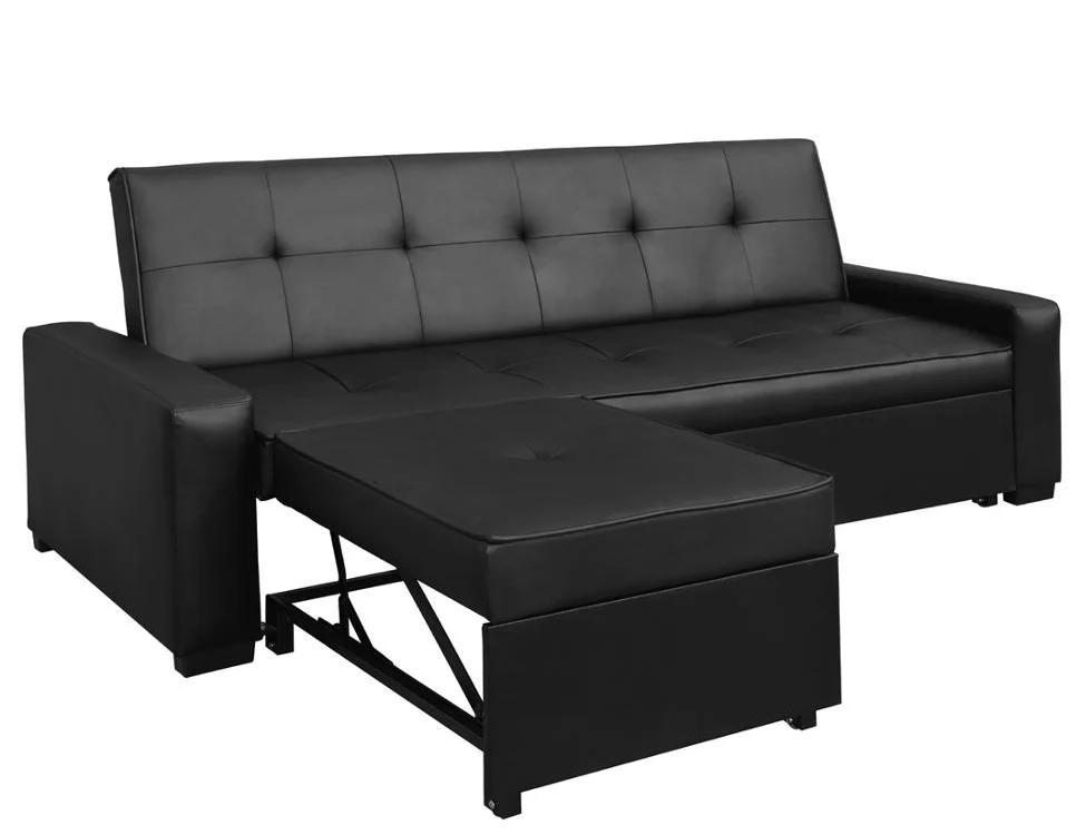 Practical sleeping black leather corner sofa bed