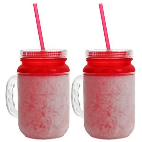 Acrylic Freezer Mason Jar,Frosty Mug mason jar tumbler with lid and straw,Double wall acrylic Frosty Mason jar with Freezing Gel