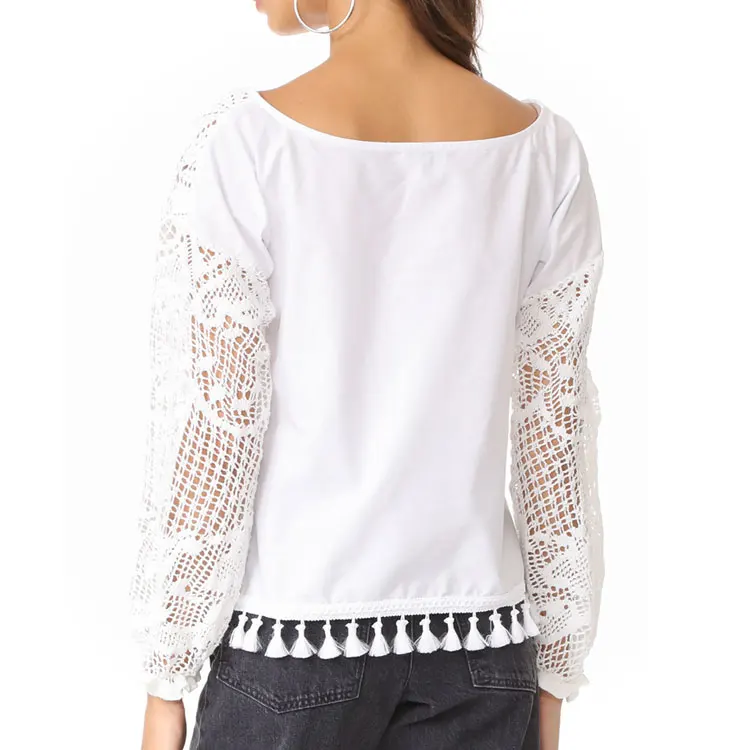 Stylish crocheted front polin back design long sleeve woman white lace net crochet blouse