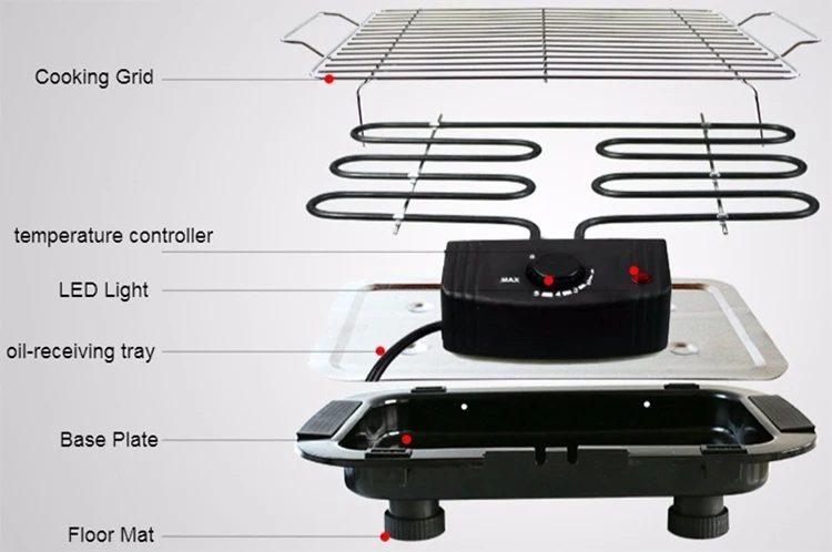 BG-01 2000W Easily Cleaned Electric BBQ Grill Smokeless Electric Grill Adjustable Height Barbecue Grill