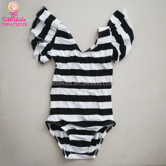 Kids Flutter Sleeve Artistic Gymnastics Leotards Girls Wide Black And White Stripes Ballet Dance Leotard