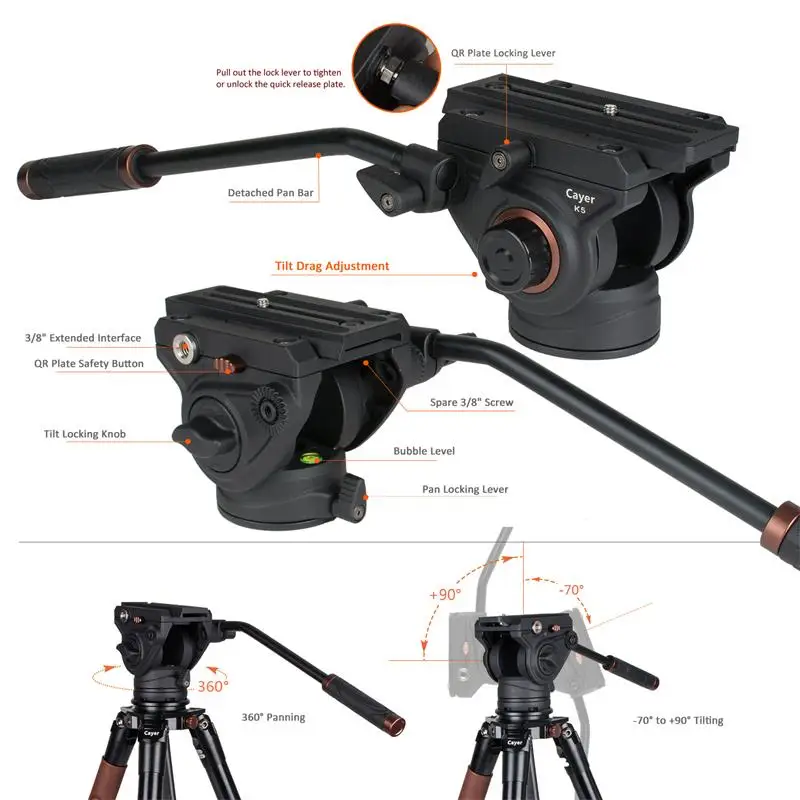 2018 portable tripod holder Cayer AT3360K5A professional tripod  for video cameras