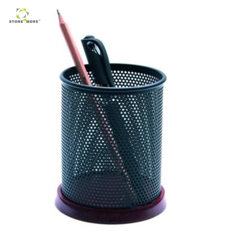 Round Wire Mesh Wooden Bottom Pencil Holder Metal Pen Stand