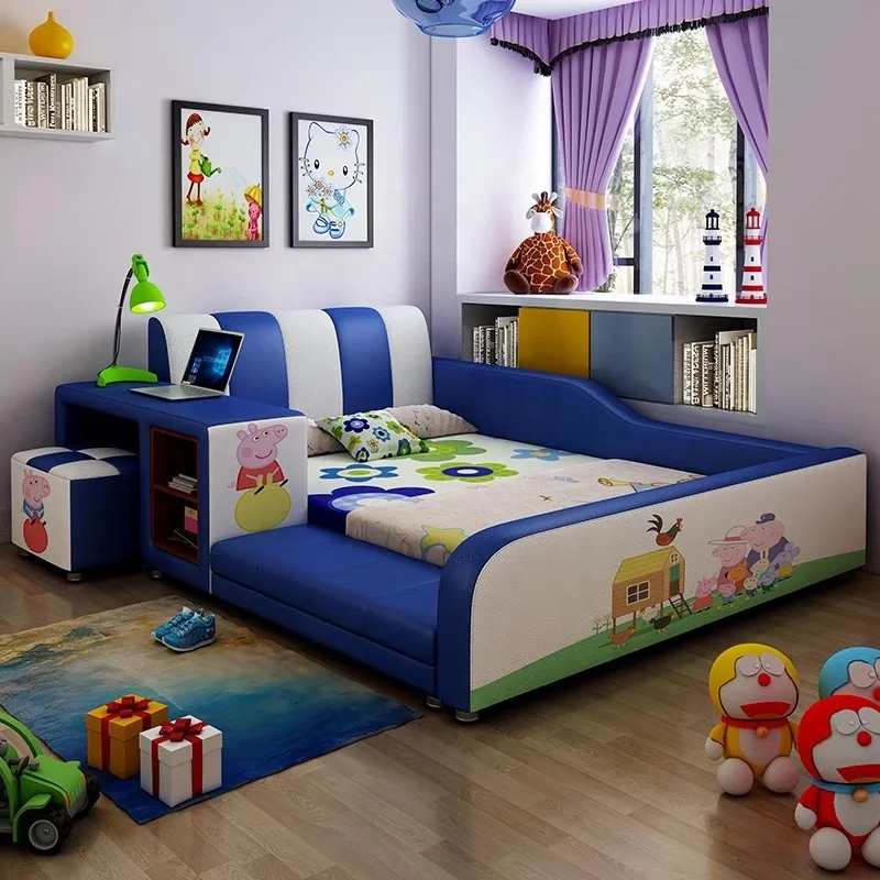 
leather bed kids cartoon bed with desk and chair Y49 
