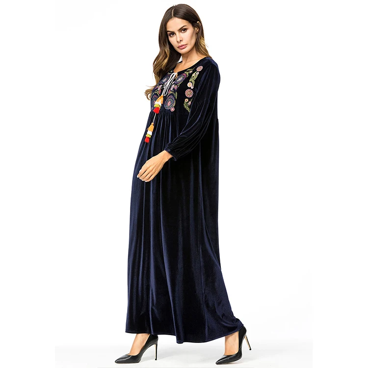 Hot sale dark blue long sleeve islamic velvet maxi dress winter clothes for muslim women abaya