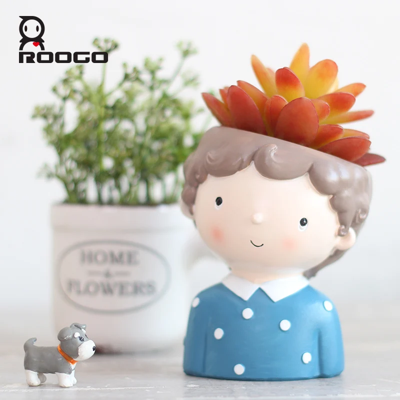 Roogo curly cartoon boy wholesale resin flower pot