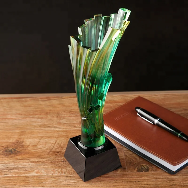 Jadevertu K9 color glaze crystal wing champion Art glass award pate de verre crystal cup trophy custom winner badminton trophy