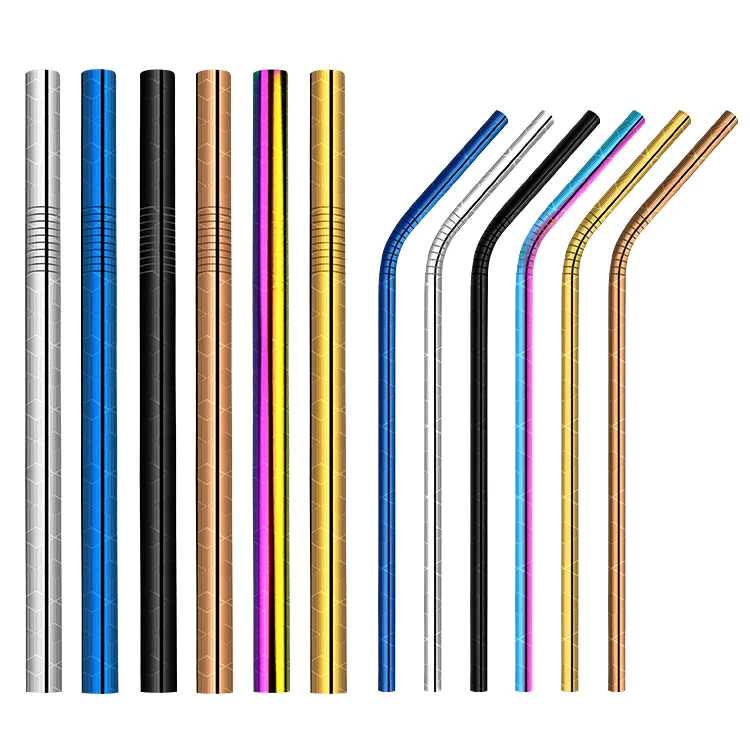 New Pattern Design Copper Rose Gold Black Reusable Metal 18/10 Drinking Straws With Case