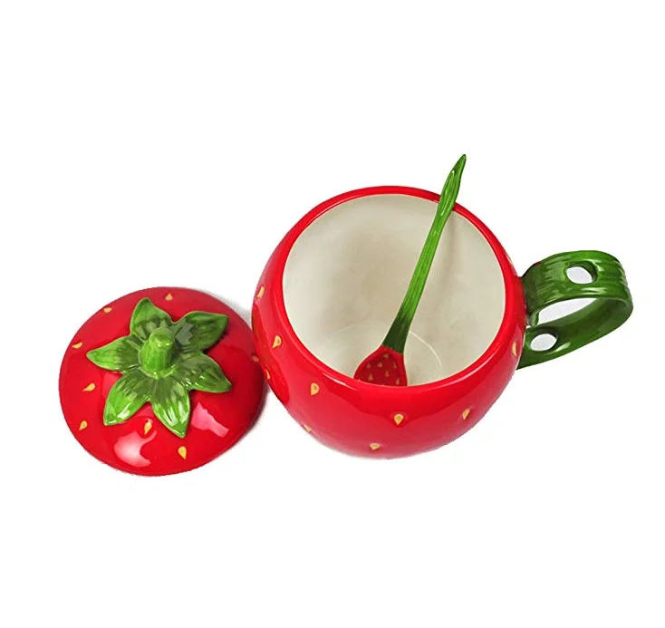 Cute Fruit Strawberry Shaped Ceramic Mug, Water Tea, Coffee Cup Mug Set with Lid Spoon