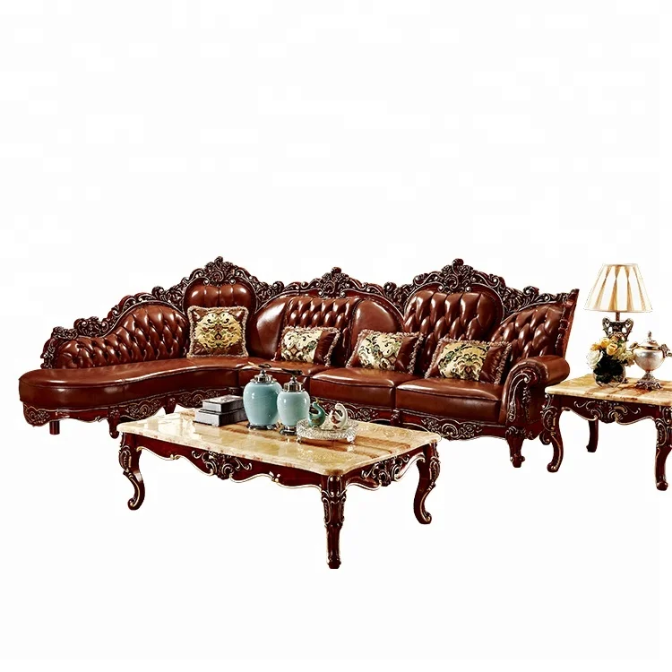 Classic Chinese Style Solid Wood Armrest Wooden Leather Sofa Chaise Set