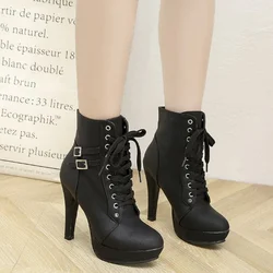 Round toe lace up ankle buckle women boots chunky high heel platform women shoes