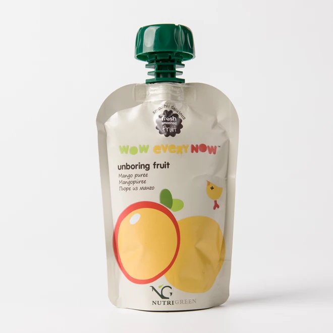 BPA free reusable clear baby food squeeze shaped spout pouch packaging bag for fruit juice with big screw spout