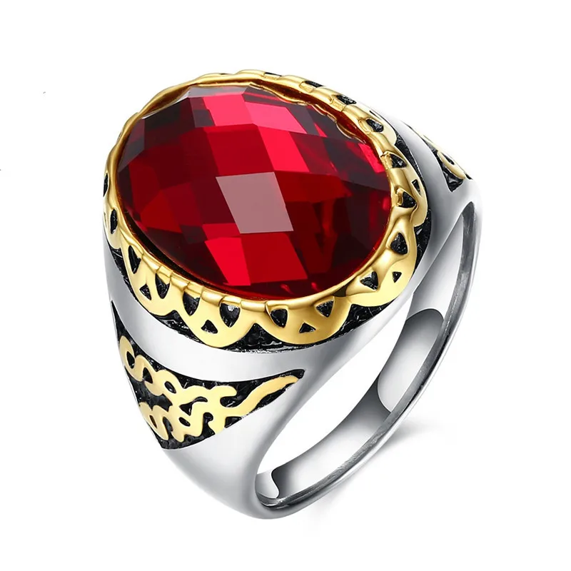 
2019 Latest Gold Plated Men Ring Red Glass Stone Ruby Stainless Steel Rings Gifts 