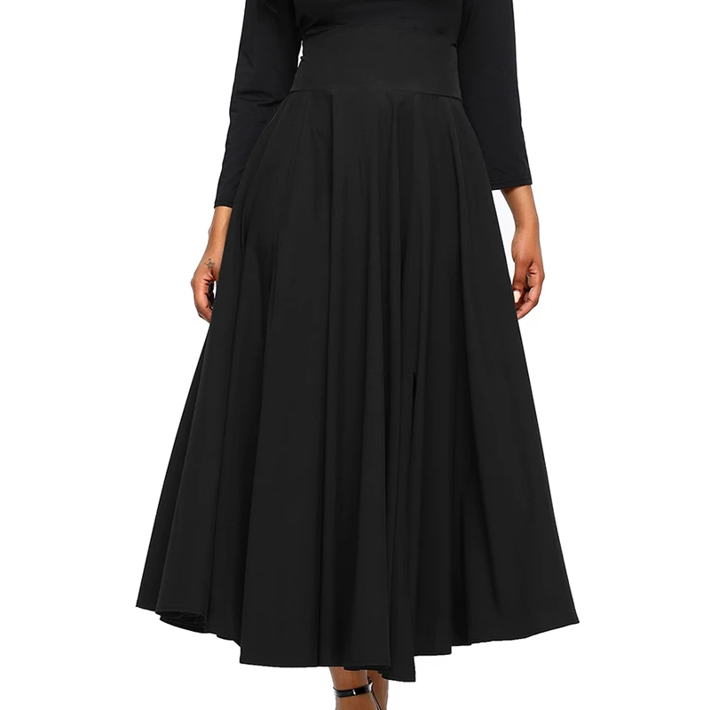 
Women Black Retro High Waist Pleated Belted Maxi Bandage Skirt Long Sleeve 