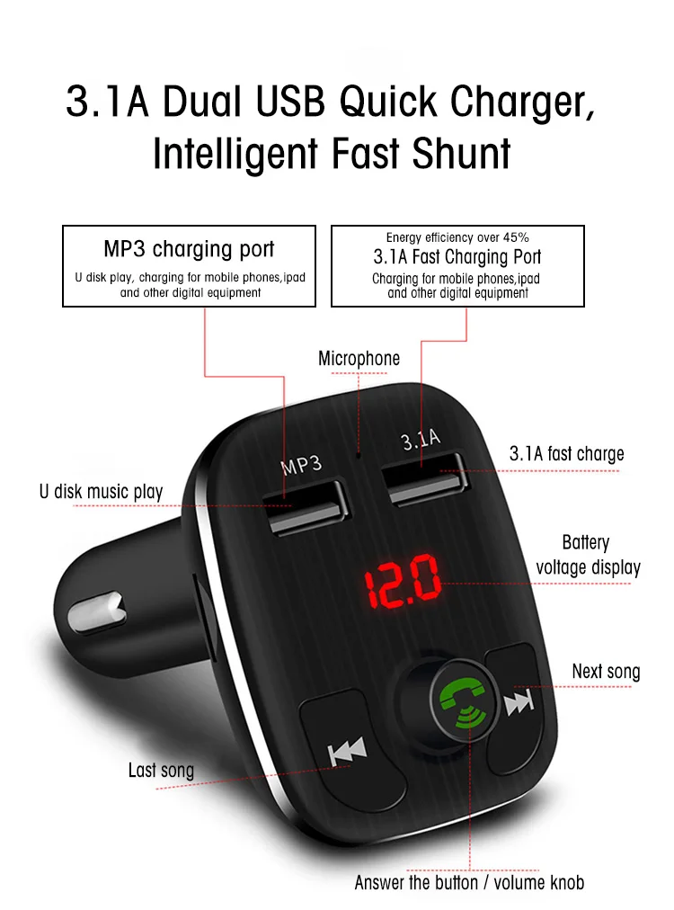 
For 8PIN New Arrival Bluetooth Handsfree Car Kit with LED Display, MP3 Player FM Transmitter 
