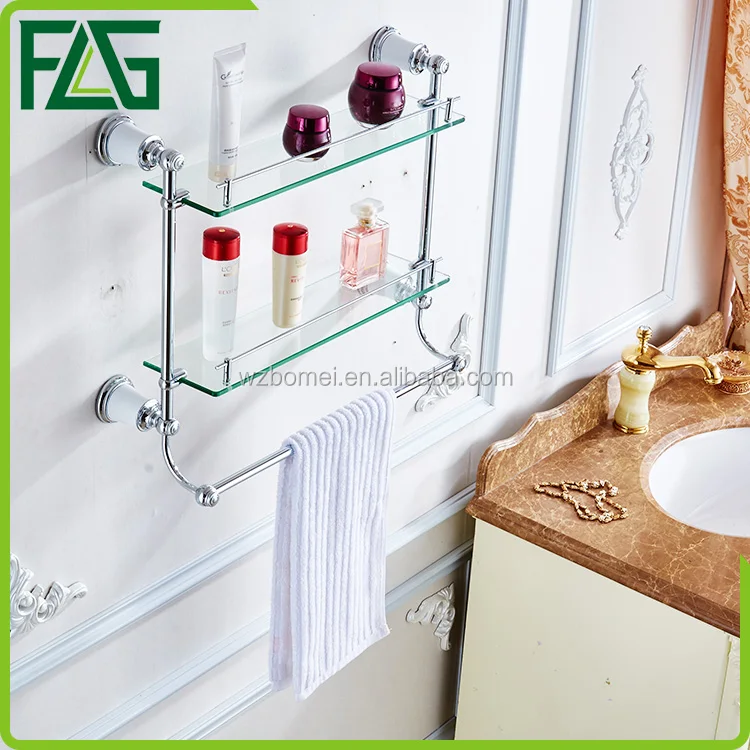 FLG chrome bathroom shower wall mounted towel rack glass shelf