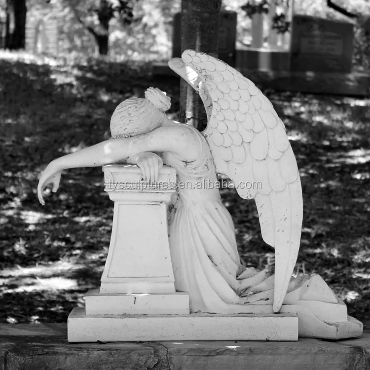 Western famous white marble life size weeping angel stone statue on cemetery