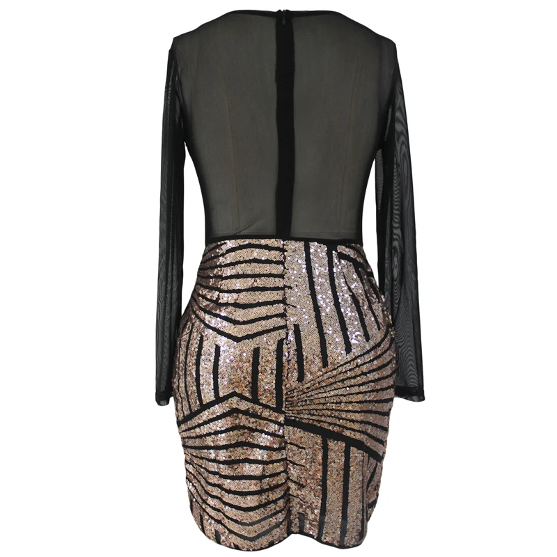 
Hot Selling Cheap Black Long Sleeve Mesh Shadow Sequin Bottom Dress 