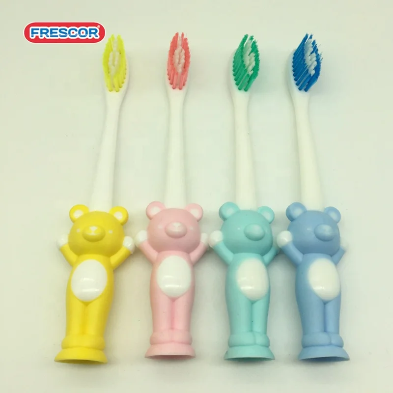 Customized Bear Cartoon handle kids toothbrush With suction cups