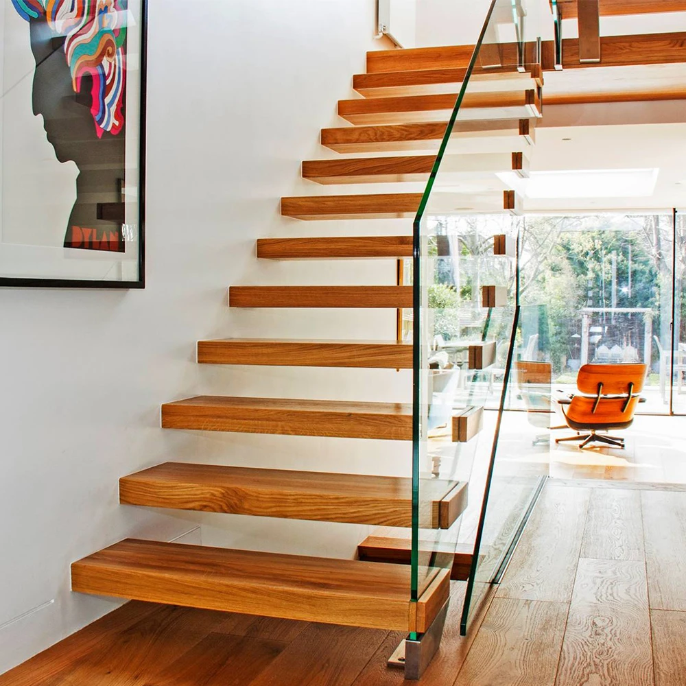 Prefab stairs floating steel wood stair case design