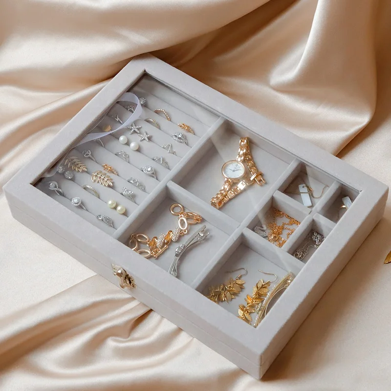 
Glass flannelette Acrylic Tray Showcase Display Ring Luxury Storage Boxes Organizer Velvet Jewelry Box 