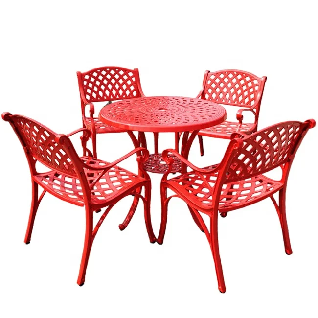 
China supplier outdoor dining round set red color aluminum table and chairs restaurant furniture india 