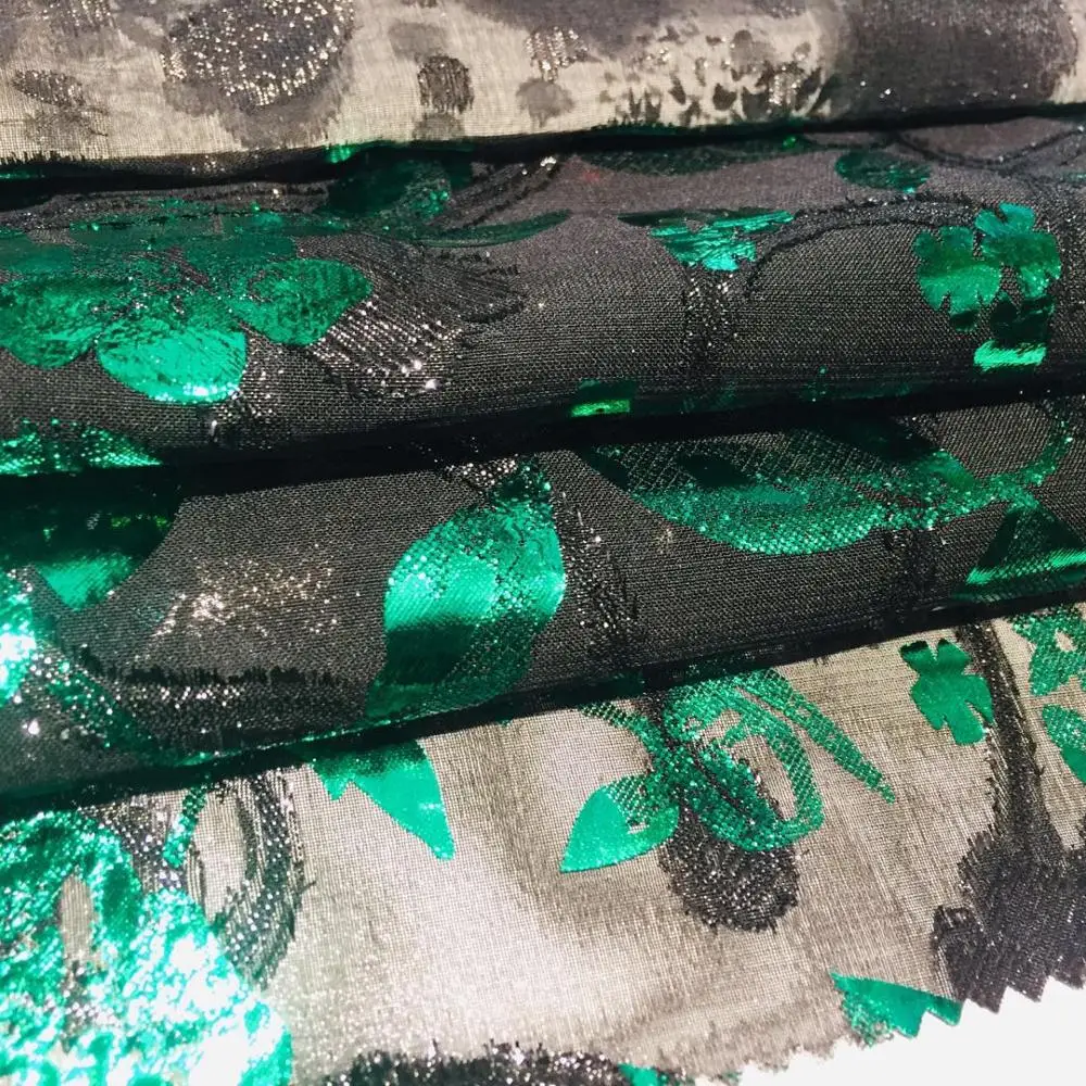 High  quality 100% polyester woven Lurex jacquard green color foil print chiffon fabric