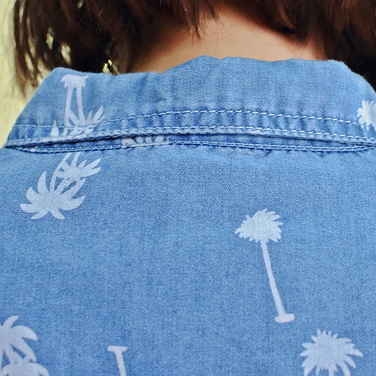 
Young ladies 100% cotton chambray casual long sleeves shirt , loose fit blouses 