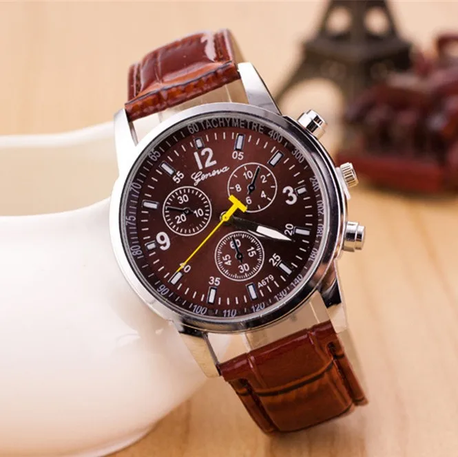 
2015 leather strap yellow second hand arabic number geneva watches 