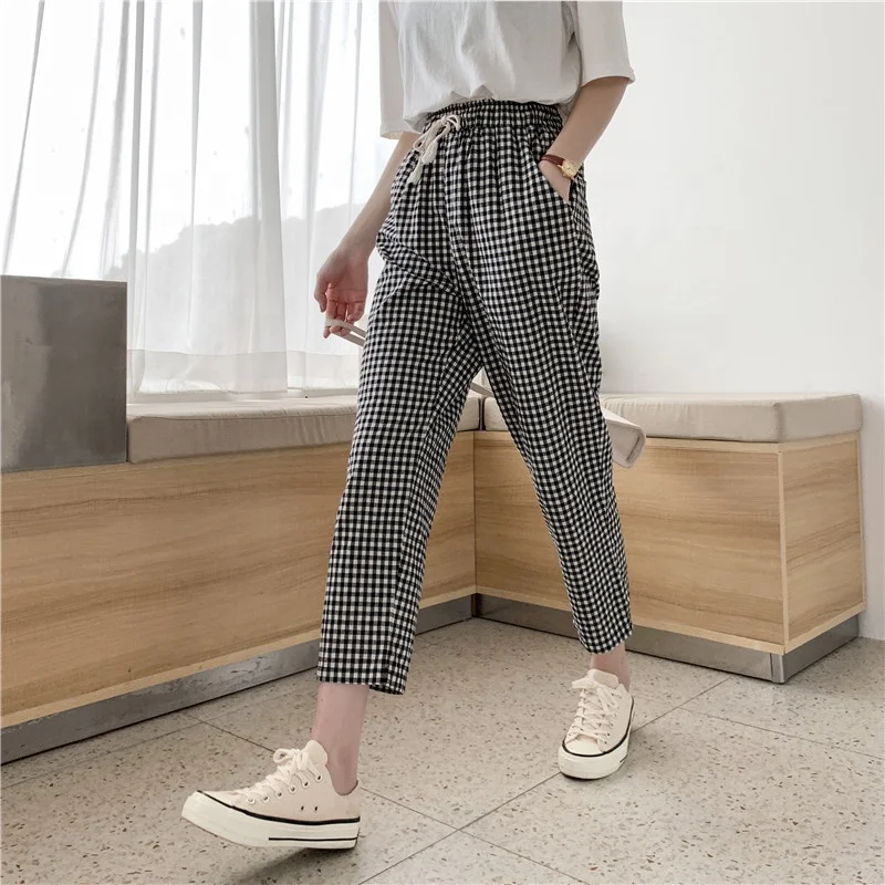 Factory Wholesale Women Regular Fit Pants Cotton Trousers Ankle Length Capri Pants Plaid Pattern