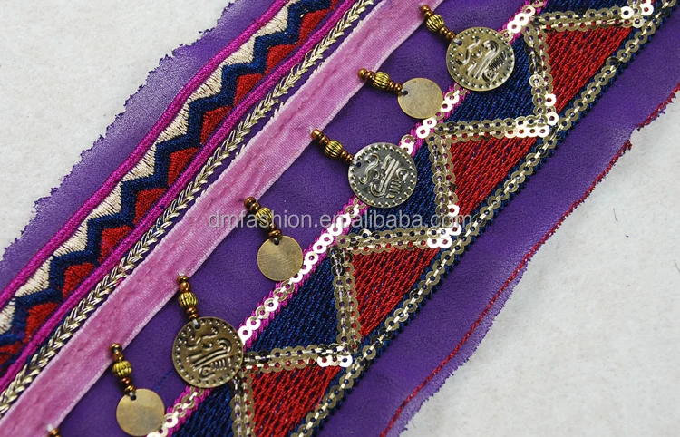 Ethnic style boho trim with fringe, embroidery indian beaded lace trim with copper sheet