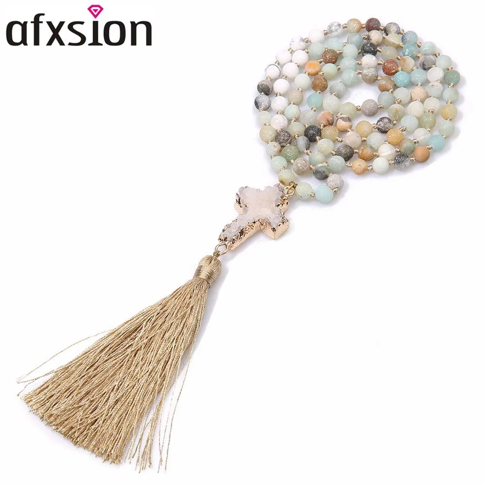 AFXSION Natural stone beads necklace, rock& powder crystal&black fused rock Beads Cross pendant tassel necklace