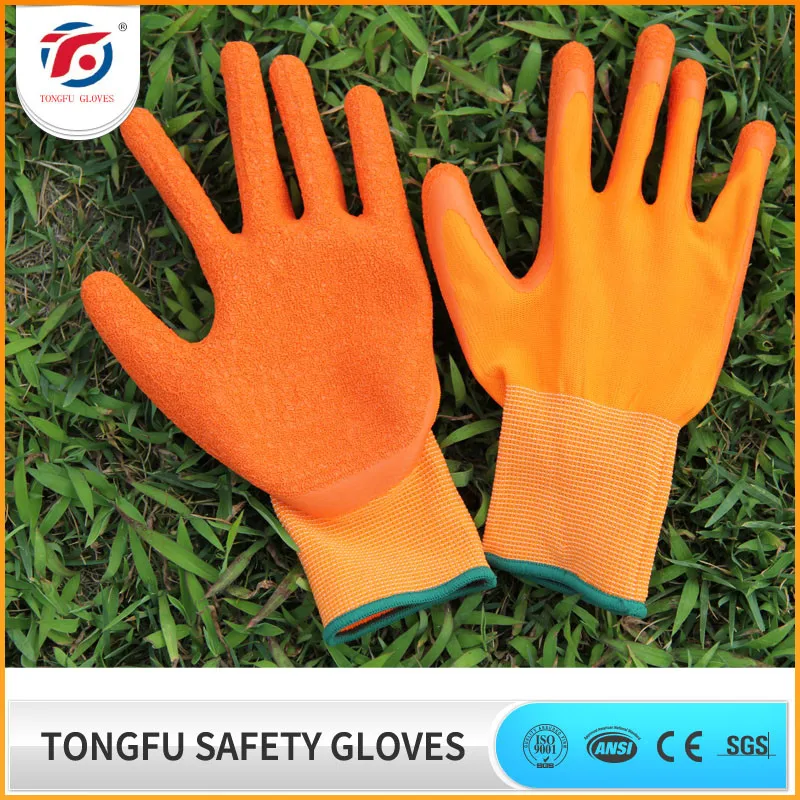 orange&orange latex coated crinkle finished glove
